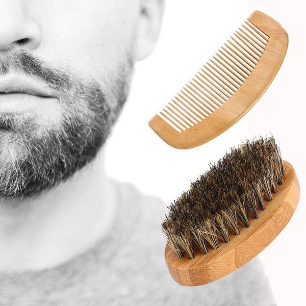 Men Boar Hair Bristle Beard Mustache Brush Comb Hard Oval Wood Handle
